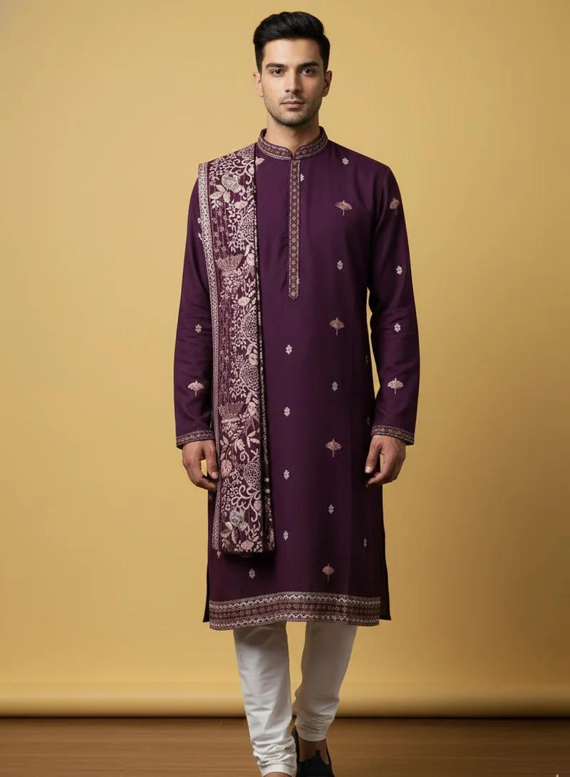 Lehar Embroidered Plum Kurta Set with Jacquard Shawl for Men
