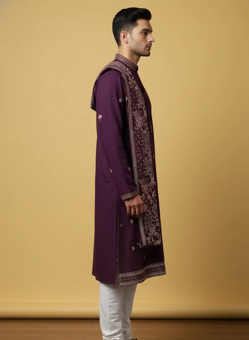 Lehar Embroidered Plum Kurta Set with Jacquard Shawl for Men