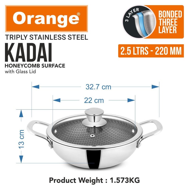 Orange Triply Stainless Steel Honeycomb Deep Kadai with Glass Lid 25L 22cm Diameter 5 Year Warranty Honeycomb Finish Induction Friendly Easy Clean Stylish Silicon Handles Silver - Image 3