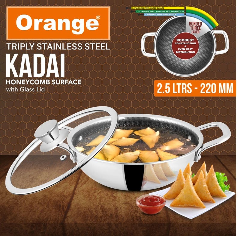 Orange Triply Stainless Steel Honeycomb Deep Kadai with Glass Lid 25L 22cm Diameter 5 Year Warranty Honeycomb Finish Induction Friendly Easy Clean Stylish Silicon Handles Silver - Image 2