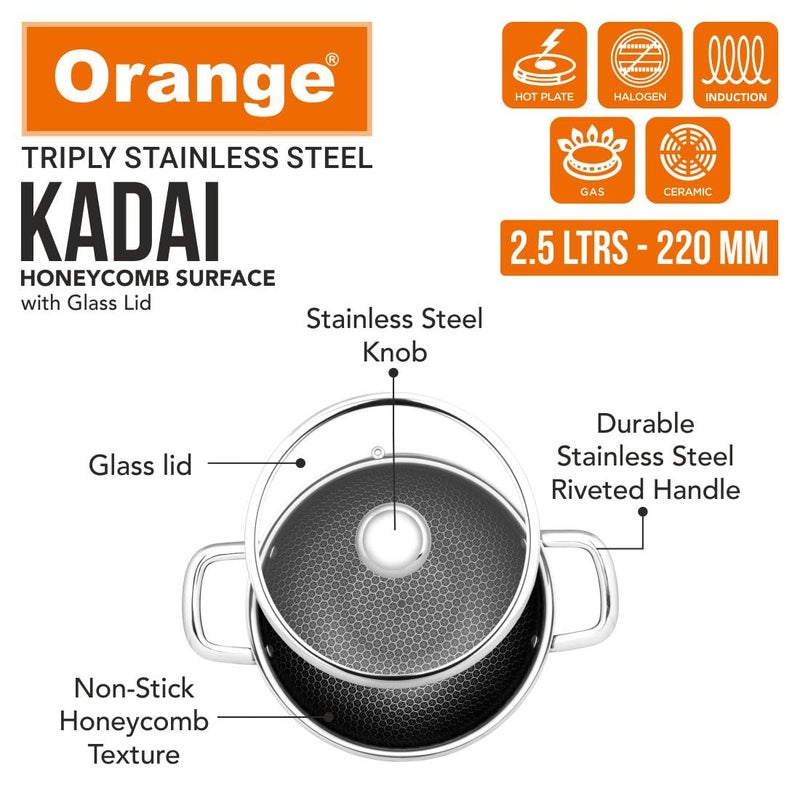 Orange Triply Stainless Steel Honeycomb Deep Kadai with Glass Lid 25L 22cm Diameter 5 Year Warranty Honeycomb Finish Induction Friendly Easy Clean Stylish Silicon Handles Silver - Image 4