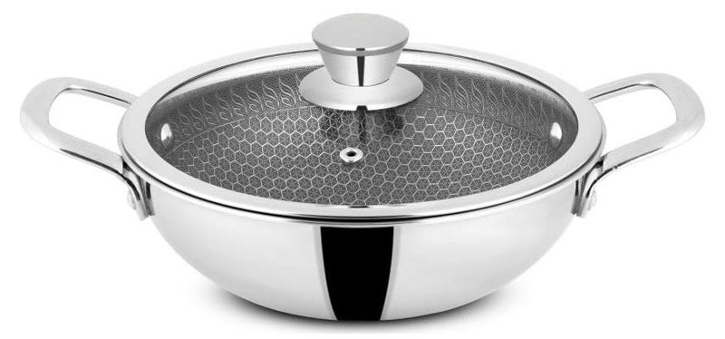 Orange Triply Stainless Steel Honeycomb Deep Kadai with Glass Lid 25L 22cm Diameter 5 Year Warranty Honeycomb Finish Induction Friendly Easy Clean Stylish Silicon Handles Silver - Image 1