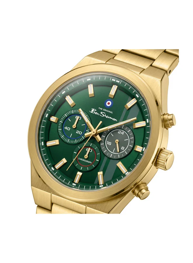 بين شيرمان Canterbury Green Dial Gold Stainless Steel Bracelet Chronograph Watch for Men, 44mm
