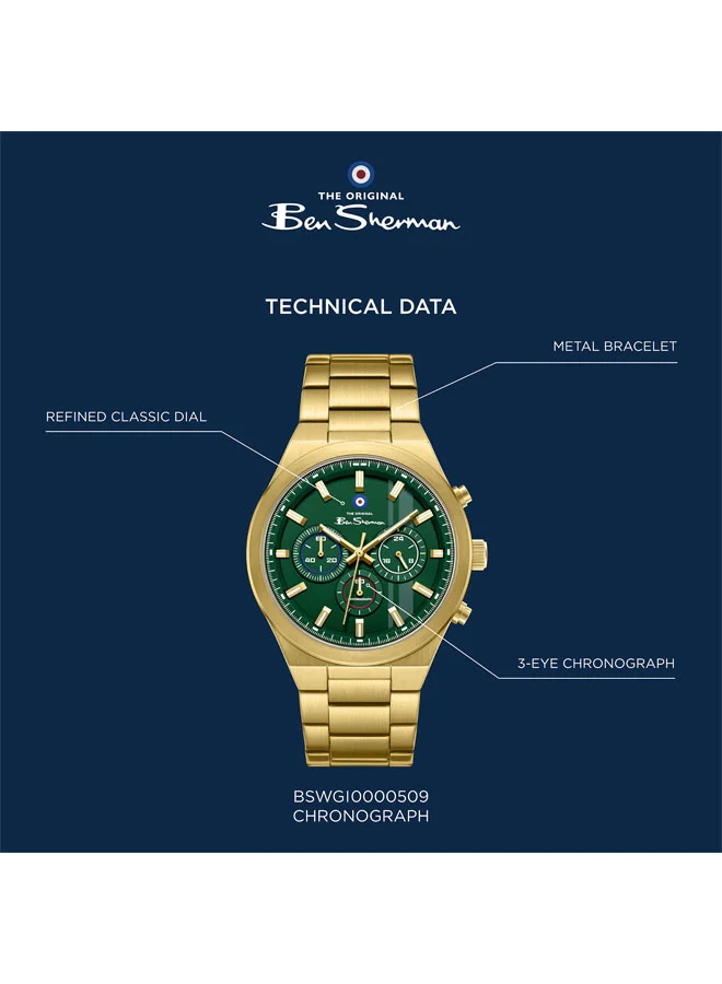 Ben Sherman Green Canterbury Green Dial Gold Stainless Steel Bracelet Chronograph Watch for Men, 44mm for Men | Best Price UAE