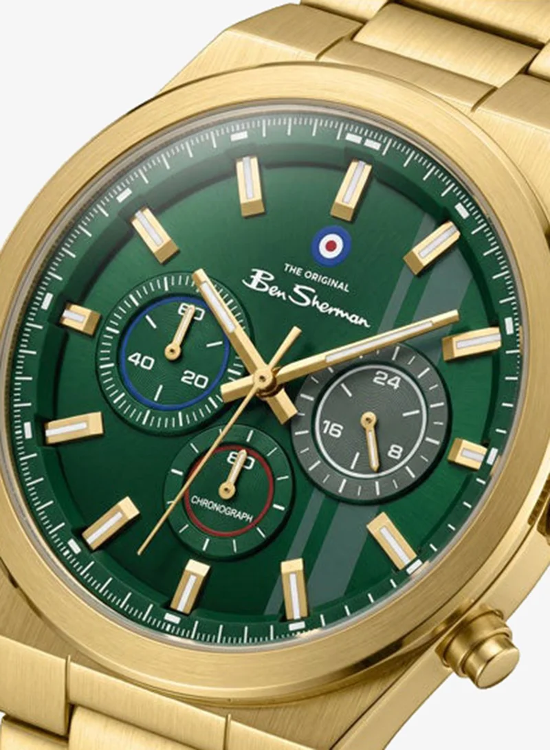 Ben Sherman Canterbury Green Dial Gold Stainless Steel Bracelet Chronograph Watch for Men, 44mm