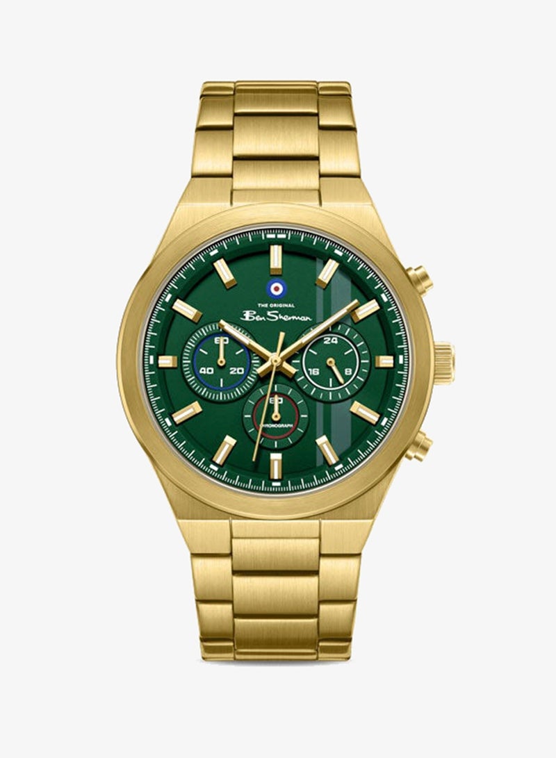 Ben Sherman Canterbury Green Dial Gold Stainless Steel Bracelet Chronograph Watch for Men, 44mm - Image 1