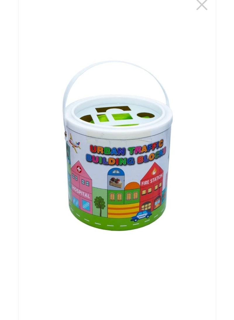 Educational building blocks for kids.  Fun urban traffic city theme.  Bright, child-safe colors.  Enhances motor skills and creativity.  Storage bucket with shape-sorting lid.  Suitable for ages 3+.