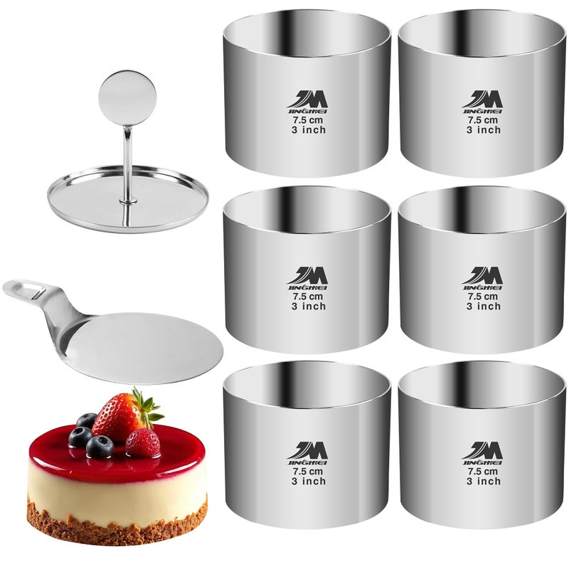 M JINGMEI 6 Pack Round Cake Ring Molds Seamless Stainless Steel Cake Cutter with Pusher  Lifter 3Inch Dessert Mousse Rings for Baking Includes 1 Pusher 1 Lifter and 6 Rings