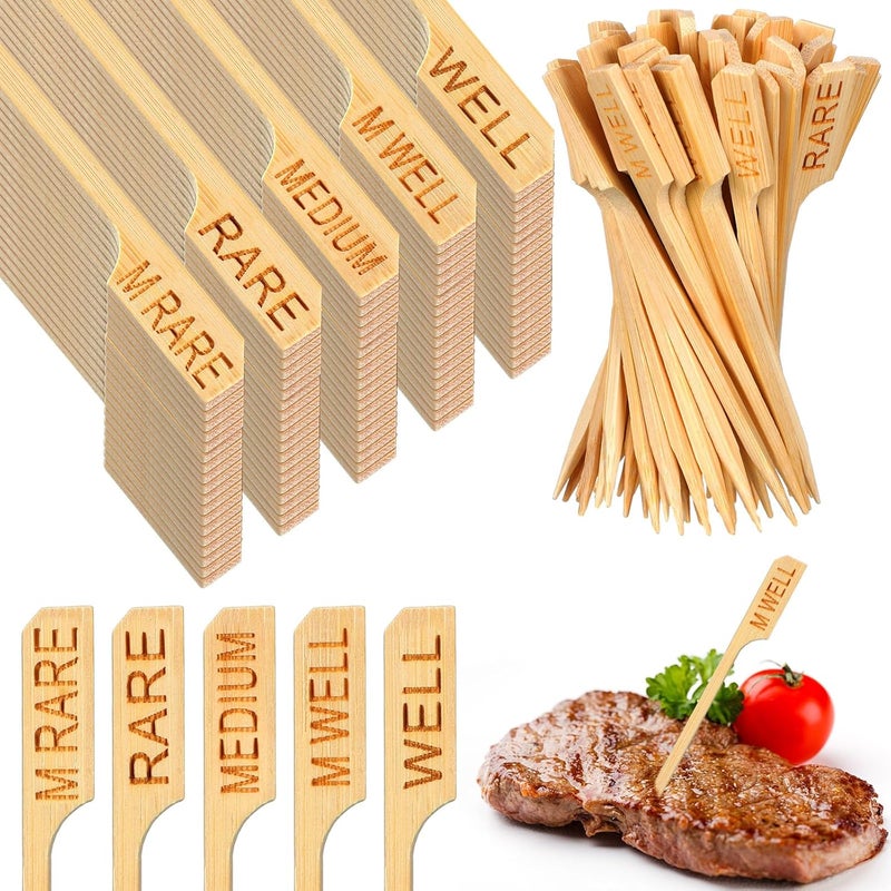 Soaoo 500 Pcs 3.5" Assorted Bamboo Wood Temperature Picks Steak Temperature Sticks Meat Doneness Steak Markers Bamboo Paddle Skewers Sticks for BBQ Barbecue Party Cocktail Fruit Grilling Roasting - Image 1
