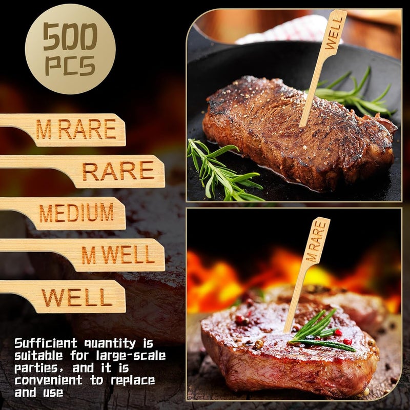 Soaoo 500 Pcs 3.5" Assorted Bamboo Wood Temperature Picks Steak Temperature Sticks Meat Doneness Steak Markers Bamboo Paddle Skewers Sticks for BBQ Barbecue Party Cocktail Fruit Grilling Roasting - Image 3