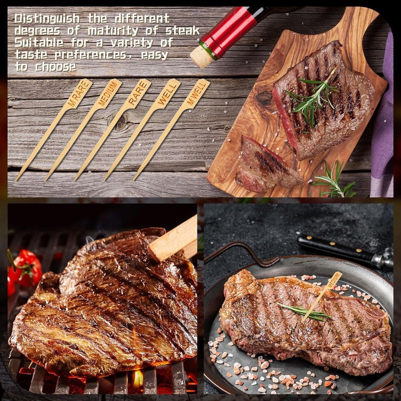Soaoo 500 Pcs 3.5" Assorted Bamboo Wood Temperature Picks Steak Temperature Sticks Meat Doneness Steak Markers Bamboo Paddle Skewers Sticks for BBQ Barbecue Party Cocktail Fruit Grilling Roasting - Image 4