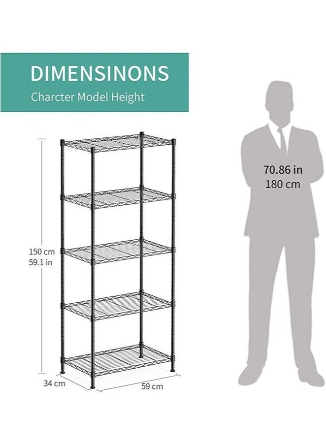 JOYBOS رف تخزين للمطبخ من الحديد السميك المقاوم للخدش بخمس طبقات مع 4 خطافات، أرفف تخزين بخمس طبقات، منظم تخزين كبير للمطبخ، وحدات رفوف معدنية، رف تخزين للمطبخ للمرآب، غرفة النوم، منظم أرفف المطبخ (أسود) - Image 2