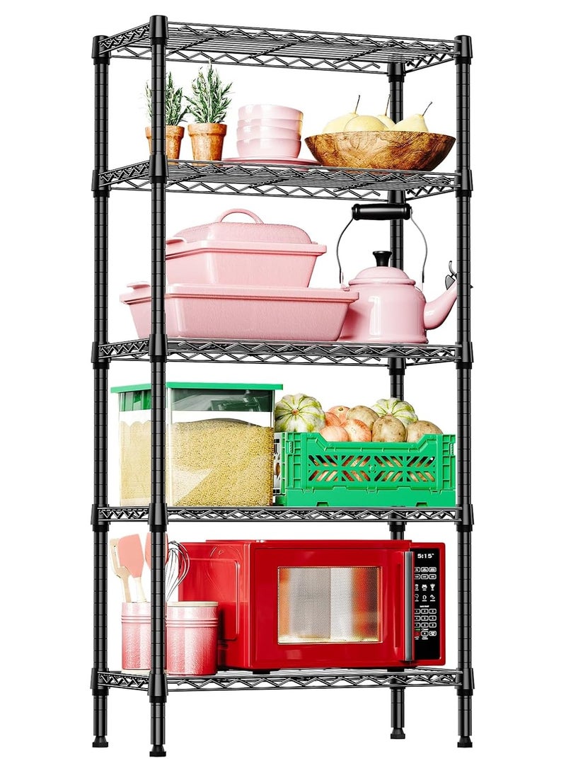 JOYBOS رف تخزين للمطبخ من الحديد السميك المقاوم للخدش بخمس طبقات مع 4 خطافات، أرفف تخزين بخمس طبقات، منظم تخزين كبير للمطبخ، وحدات رفوف معدنية، رف تخزين للمطبخ للمرآب، غرفة النوم، منظم أرفف المطبخ (أسود) - Image 1