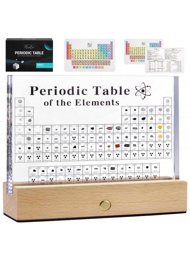 Megabox ميغا بوكس جدول دوري للعناصر مع 83 عنصر حقيقي، عرض جدول دوري أكريليك مع قاعدة خشبية، 6 بطاقات مرجعية لصيغ الكيمياء، هدية لمعلم العلوم، ديكور للفصل الدراسي - Image 1
