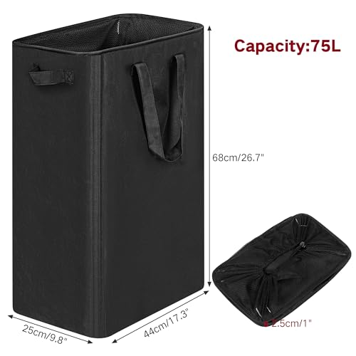 efluky Slim Laundry Basket Narrow Laundry Hamper with Handles Collapsible Dirty Clothes Hamper Tall Laundry Bin for Laundry Room Dorm and Bedroom 198 Gallon75L Black - Image 3