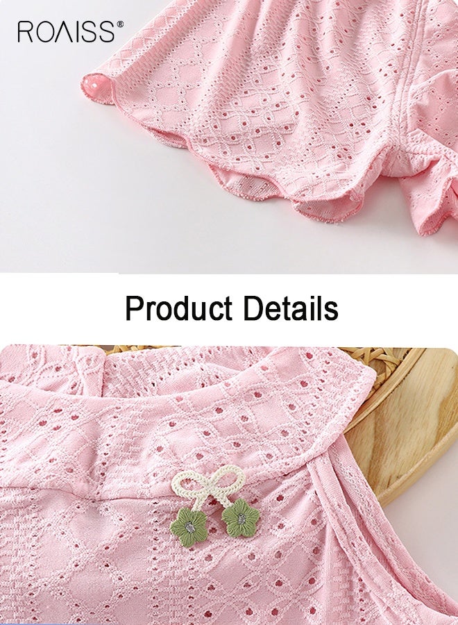 رويس طقم تي شيرت وشورت رائع للفتيات الصغيرات، ملابس صيفية أنيقة مع بلوزة بلا أكمام وشورت بتصميم مجوف، طقم ملابس مريح من قطعتين للفتيات الصغيرات، مناسب للارتداء اليومي أو أي مناسبة - Image 3