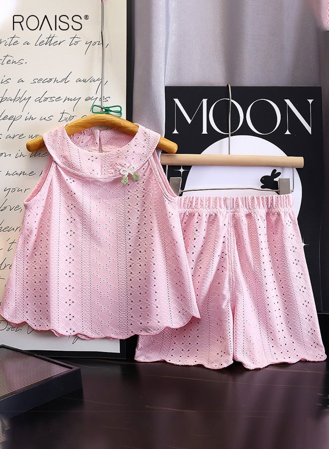 رويس طقم تي شيرت وشورت رائع للفتيات الصغيرات، ملابس صيفية أنيقة مع بلوزة بلا أكمام وشورت بتصميم مجوف، طقم ملابس مريح من قطعتين للفتيات الصغيرات، مناسب للارتداء اليومي أو أي مناسبة - Image 2