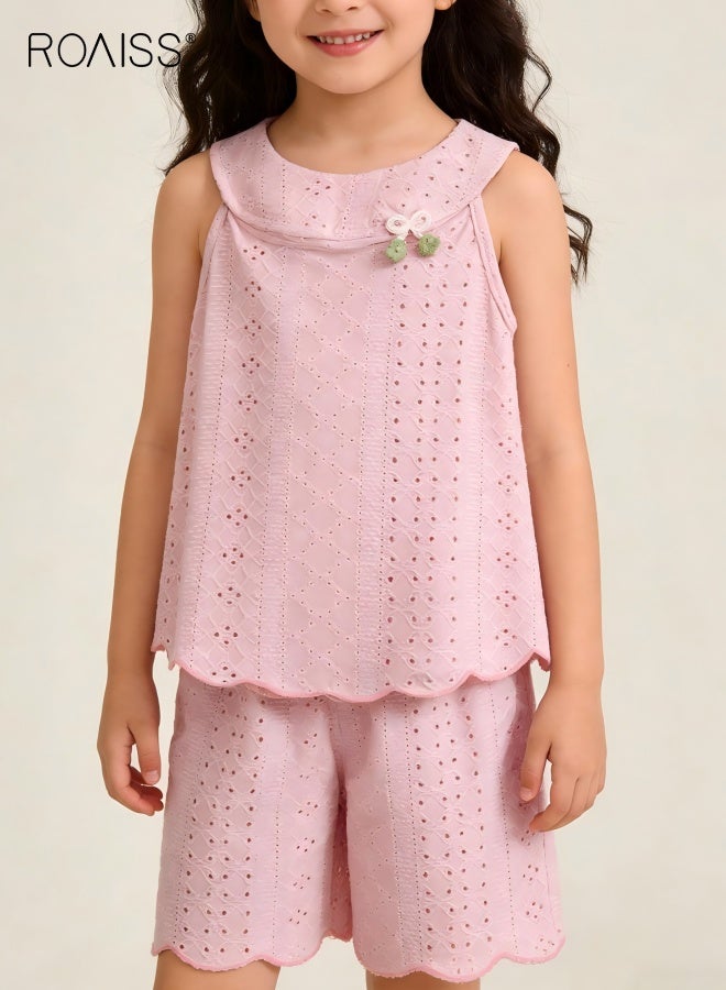 رويس طقم تي شيرت وشورت رائع للفتيات الصغيرات، ملابس صيفية أنيقة مع بلوزة بلا أكمام وشورت بتصميم مجوف، طقم ملابس مريح من قطعتين للفتيات الصغيرات، مناسب للارتداء اليومي أو أي مناسبة - Image 1