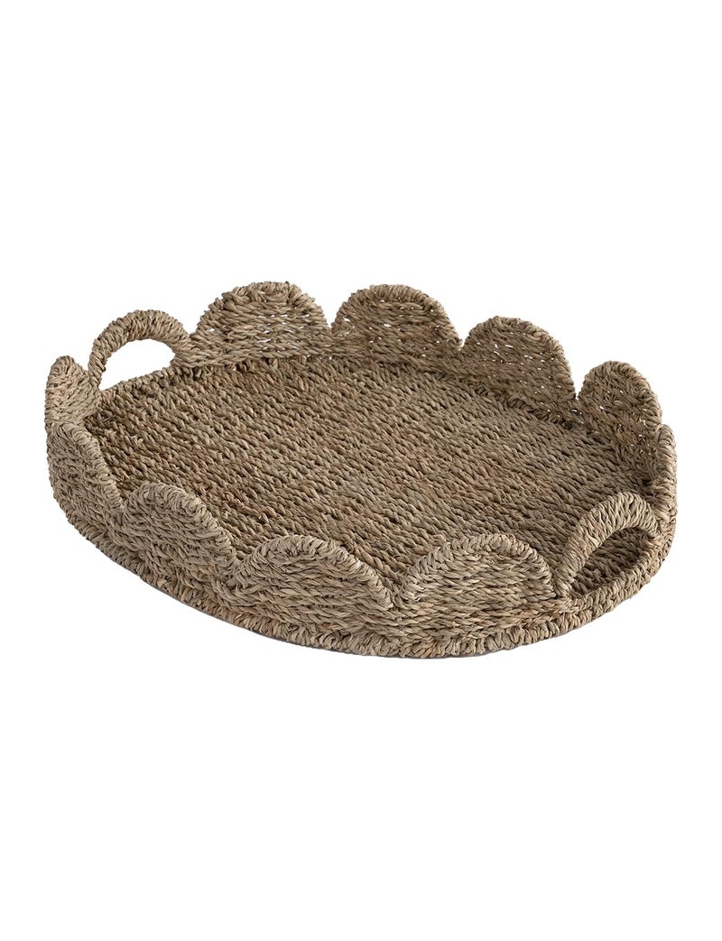 StorageWorks Scalloped Edge Wicker Serving Tray Woven Rattan Table Trays with Handle Wicker Tray for Room Dcor Seagrass Tray for Ottoman Scalloped Organizer Trays