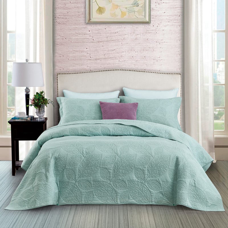 CHIXIN Botanical Cotton Quilt King Size  Real Stitching Leaf Pattern  Quilted Bedspread Coverlet Set Ultra Soft Lightweight Reversible 3 Piece Light Green