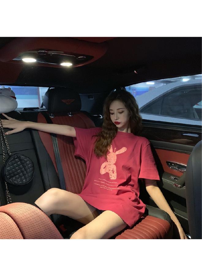 Summer Mid-length Loose Girlfriends Bottoming Shirt Women's Cartoon Round Neck Plus Size Short Sleeve T-shirt Women's Top Women's Clothing