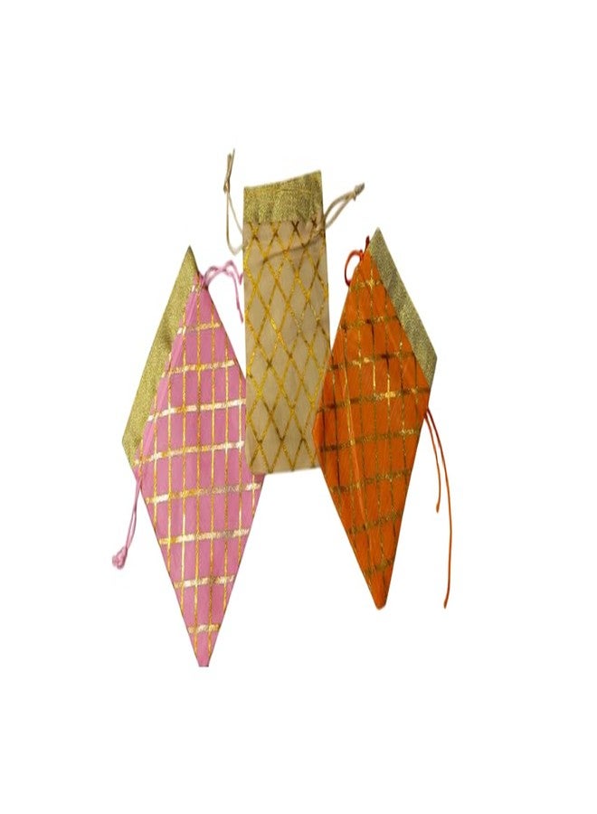 SHOPOBUDDY Potli Bags for Gifting, Gold Lattice Pattern with Drawstring, Pink Orange Beige, 4x6 Inches (12) - Image 3