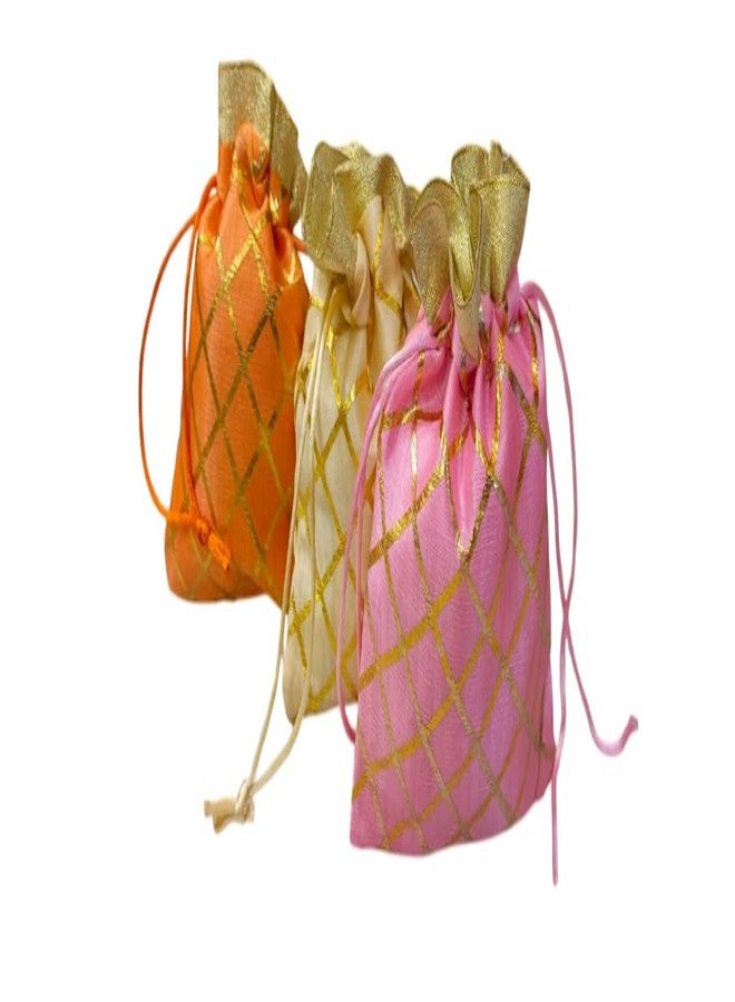 SHOPOBUDDY Potli Bags for Gifting, Gold Lattice Pattern with Drawstring, Pink Orange Beige, 4x6 Inches (12) - Image 1