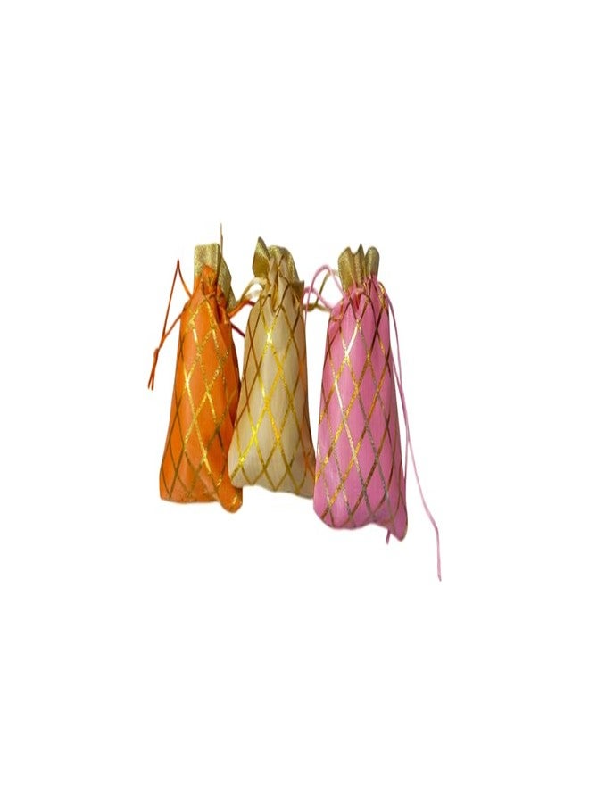 SHOPOBUDDY Potli Bags for Gifting, Gold Lattice Pattern with Drawstring, Pink Orange Beige, 4x6 Inches (12) - Image 2