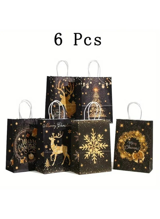 Kandid 6pcs Christmas Gift Bags, Kraft Paper with Holiday Designs (Black & Gold) - Image 4