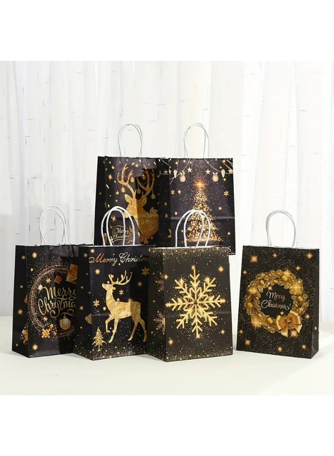 Kandid 6pcs Christmas Gift Bags, Kraft Paper with Holiday Designs (Black & Gold) - Image 1