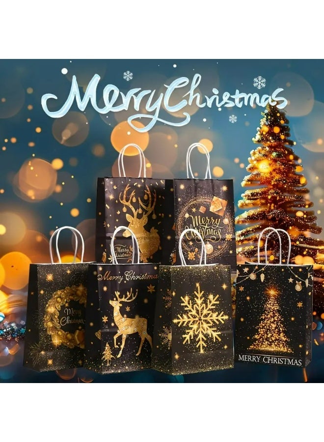 Kandid 6pcs Christmas Gift Bags, Kraft Paper with Holiday Designs (Black & Gold) - Image 5