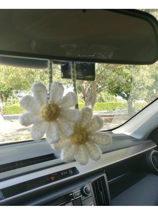 Generic Crochet Daisy Car Accessories for Women Cute Rear View Mirror Hanging Charms Handmade Daisy Flower Gifts for Crochet Lovers Car Decor Automotive Interior Aesthetic(White)  - Image 5
