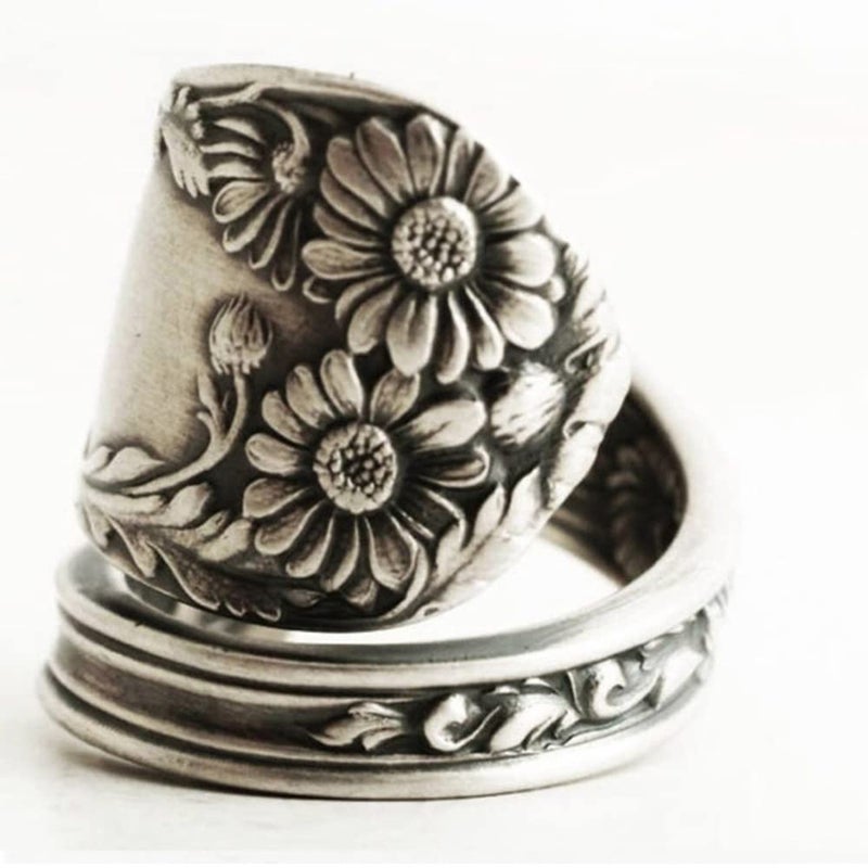 OIDIMS Sunflower Spoon Adjustable Rings Promise Wedding Engagement Statement Boho Vintage Finger Open Ring Extendable Wrap Bands for Women Men Retro Comfort Fit Jewelry - Image 2