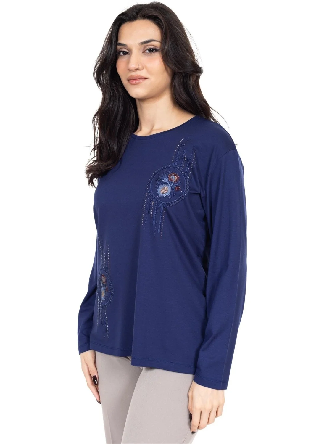 Mutlu City New Season Women's Middle Age and Above Viscose Cross-Stitch Embroidered Luxury Mother's Combed Cotton Blouse 24312