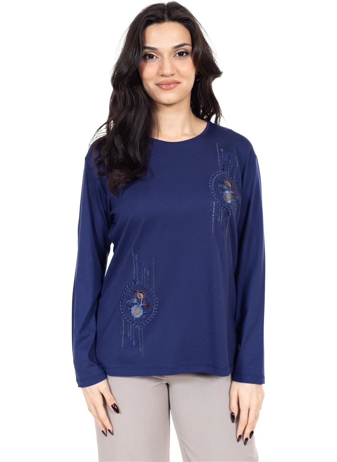 Mutlu City New Season Women's Middle Age and Above Viscose Cross-Stitch Embroidered Luxury Mother's Combed Cotton Blouse 24312