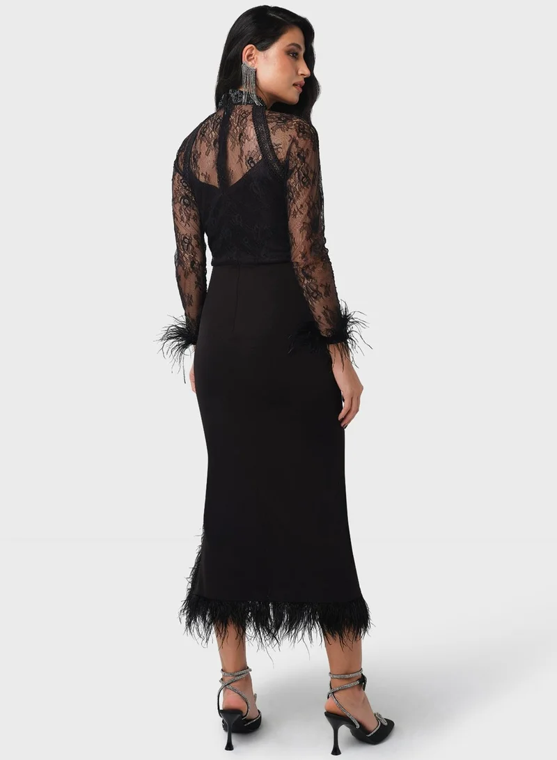 Threadz by Ajooni Feather Trim Midi Dress