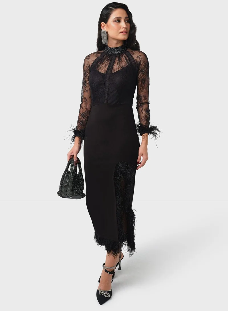 Threadz by Ajooni Feather Trim Midi Dress