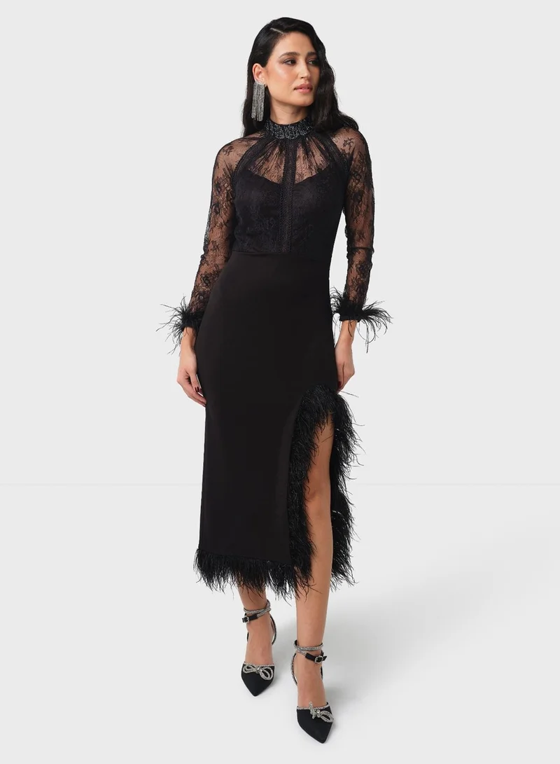 Threadz by Ajooni Feather Trim Midi Dress