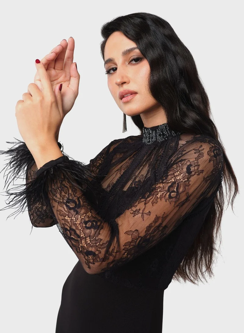 Threadz by Ajooni Feather Trim Midi Dress