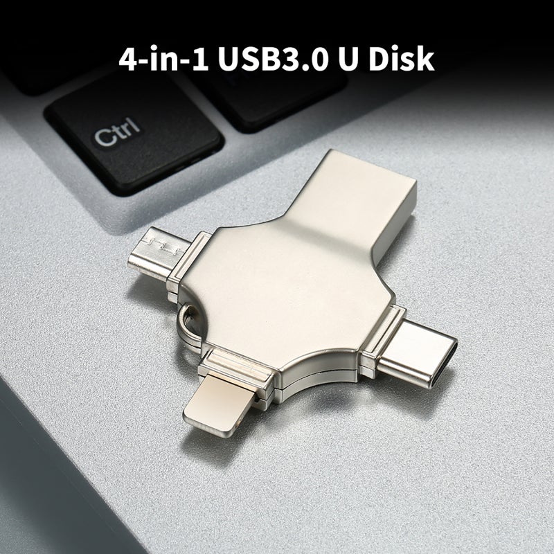 64 جيجابايت محرك أقراص فلاش USB معدني 4 في 1 للهاتف المحمول والكمبيوتر محرك أقراص فلاش USB صغير مزدوج الاستخدام يدعم Type-C و Micro USB وأجهزة iOS - Image 4