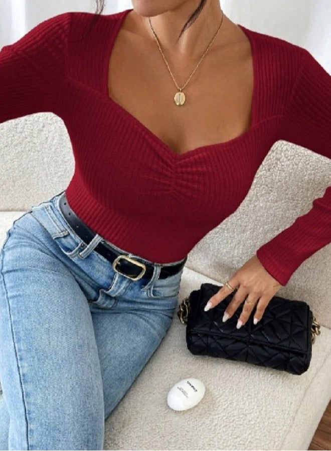 Shein SHEIN Frenchy Casual Solid Color Sweetheart Collar Slim Fit T-Shirt, Autumn,New Years Women Outfit - Image 1