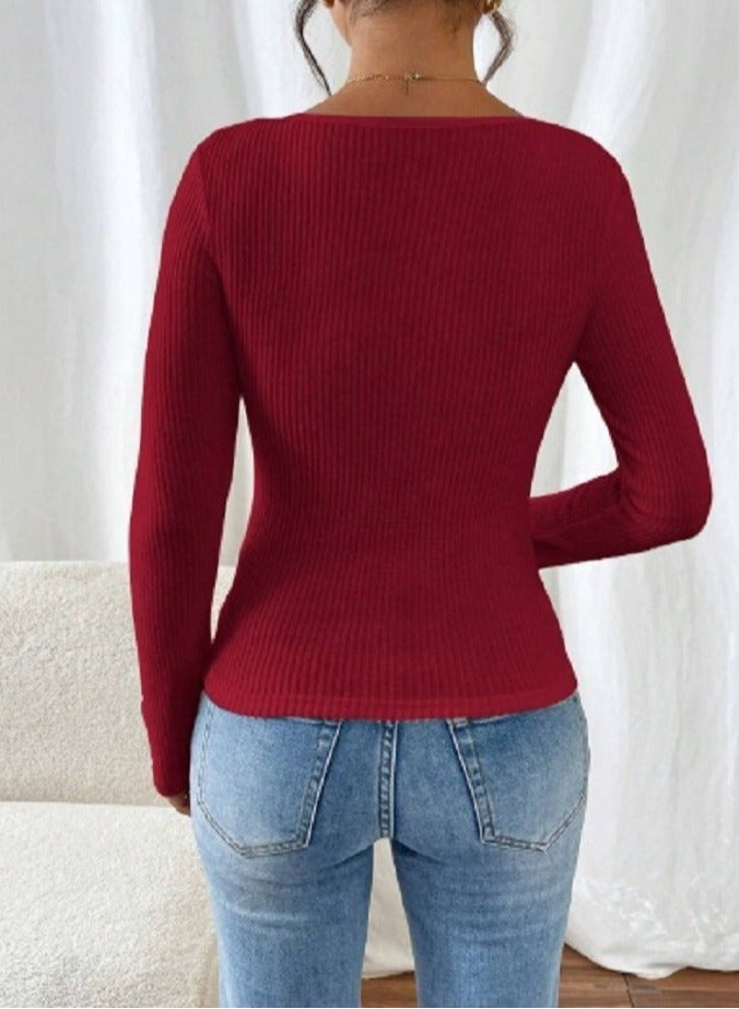 Shein SHEIN Frenchy Casual Solid Color Sweetheart Collar Slim Fit T-Shirt, Autumn,New Years Women Outfit - Image 4