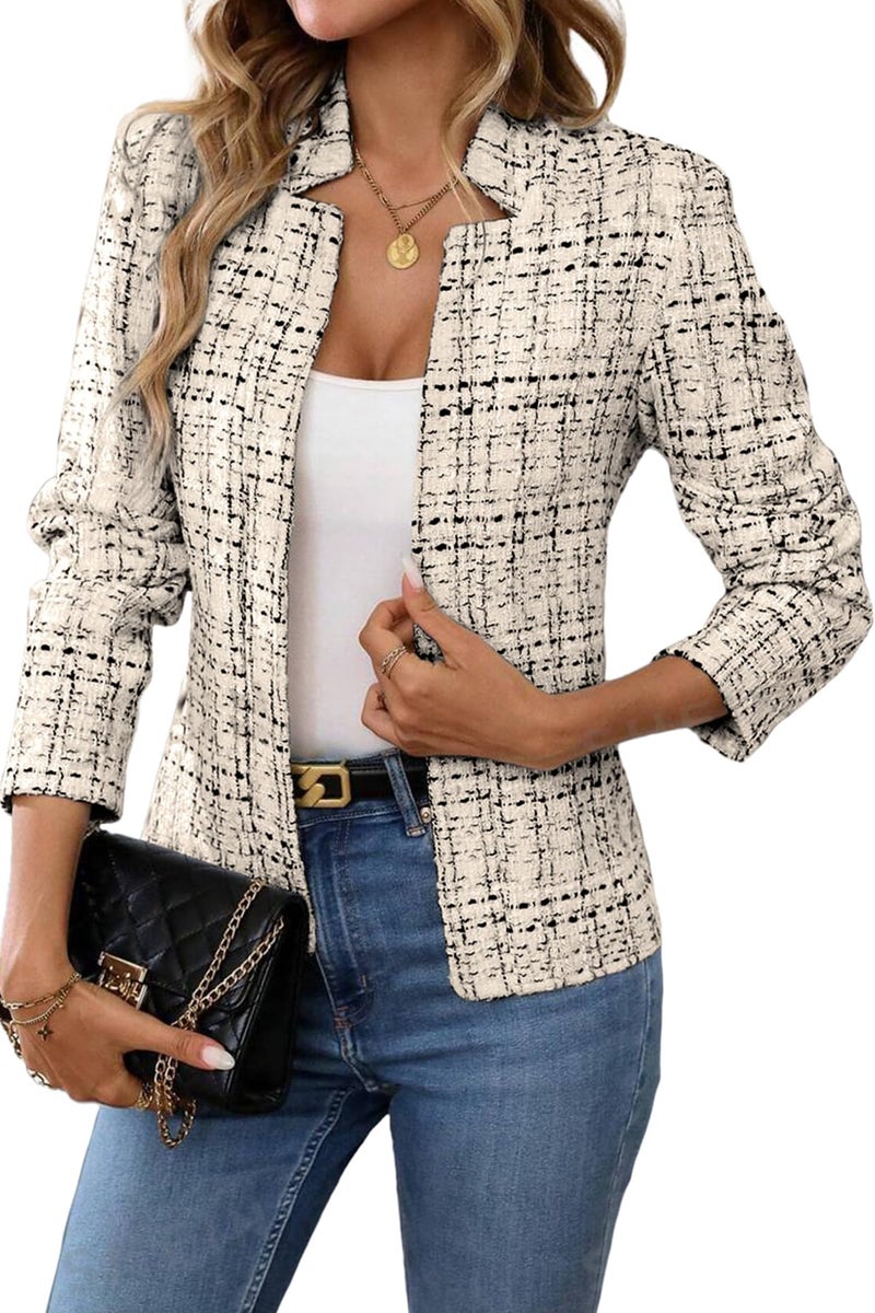 ELLEVEN Womens Blazer Business Casual Suit Jacket Tweed Blazers for Women Slim Fit Fitted Long Sleeve Stand Collar Blazer Dressy Full Lining Coat Cardigan with Padded Shoulder Khaki X-Large - Image 1