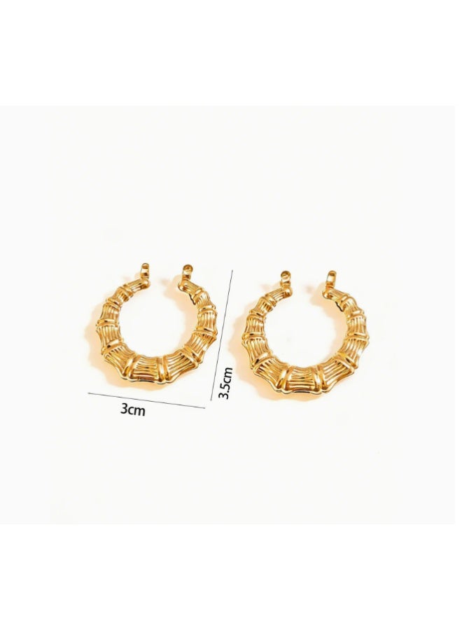 18k Gold Plated Bamboo Hoop Earrings for Women, 30MM X 35MM - Image 1