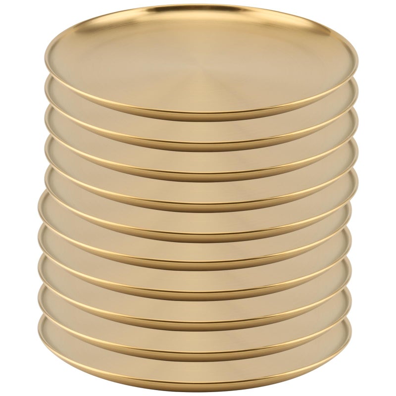 MOUYAT 10 PCS 8 Inch Large Stainless Steel Plate, 20cm Round Dinner Metal Plates, Metal Salad Steak Plates Reusable Dinner Dish for Eating Serving Camping Outdoor BBQ Home Kitchen, Frosted Gold - Image 1