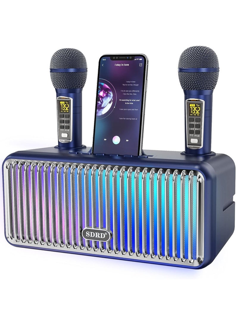 SDRD Karaoke Machine with Bluetooth & 2 Wireless Microphones - Portable PA Speaker System with Colorful LED Lights for Home Parties (Blue) - Image 1