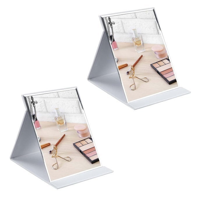 PORTABLE FOLDING MIRROR MAKEUP MIRROR WITH STAND FOR OFFICE DESK VANITY TABLE TRAVEL PACK OF 2 WHITE