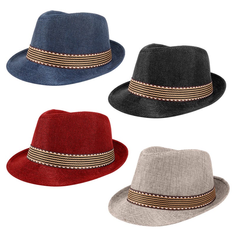 Ultrafun 4 Pack Kids Fedora Hat Short Brim Straw Trilby Jazz Hat Summer Sun Beach Cap for Boys Girls 5-10 Years (Black+Wine Red+Khaki+Navy) - Image 1