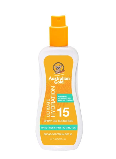 Australian Gold Spray Gel Sunscreen Hydrate Skin Broad Spectrum Water Resistant NonGreasy Oxybenzone Free Cruelty Free SPF 15 MoisturizeMax New Coconut 8 Fl Oz A70889