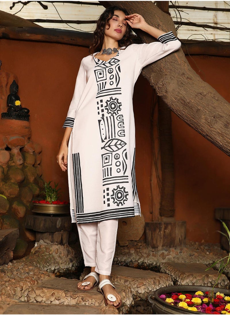  قصة Women's Daisy White & Onyx Black Indie Lines Kurta Set  - Image 5